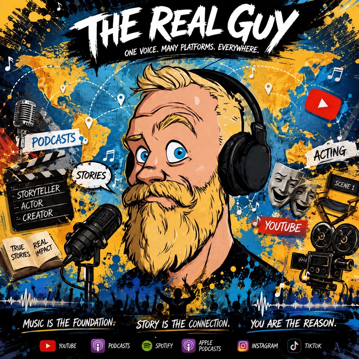 The Real Guy — illustrated portrait of the host in headphones surrounded by microphones, cameras and music notes